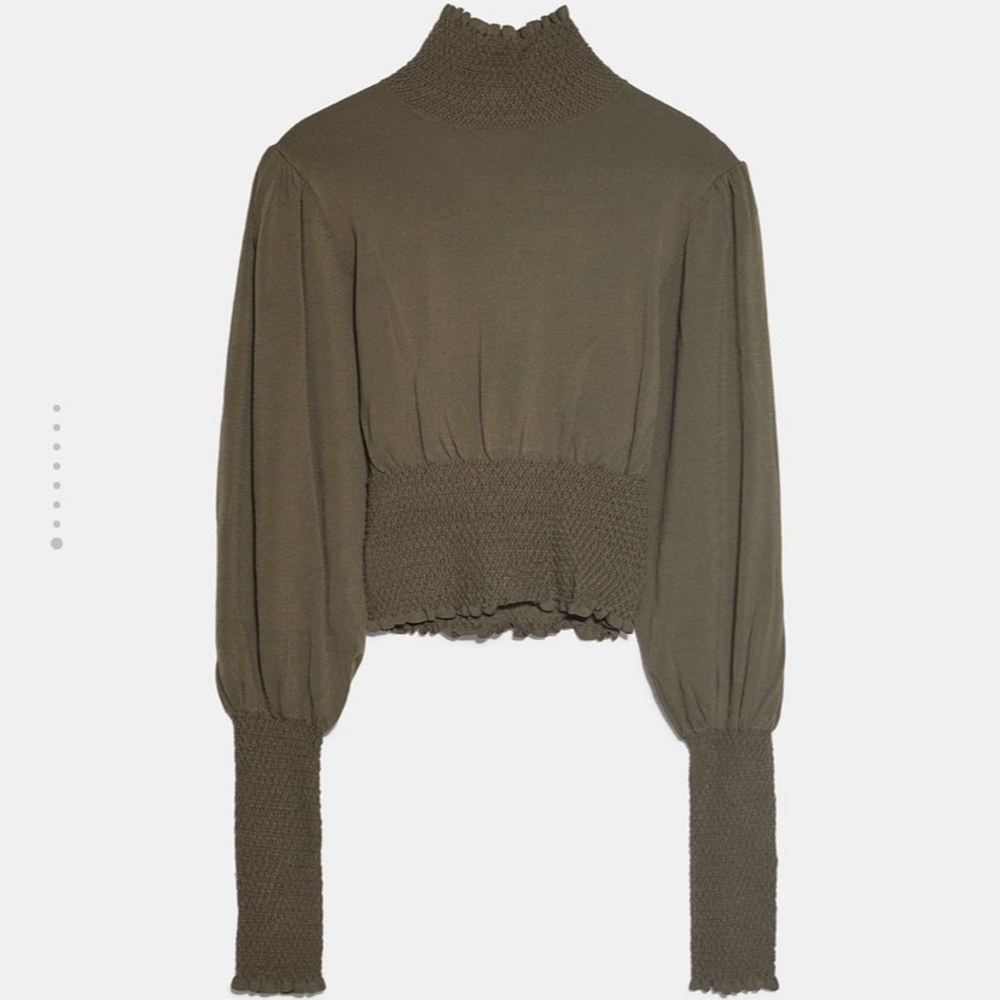 Zara Olive Knit Sweater with Puffy Sleeves